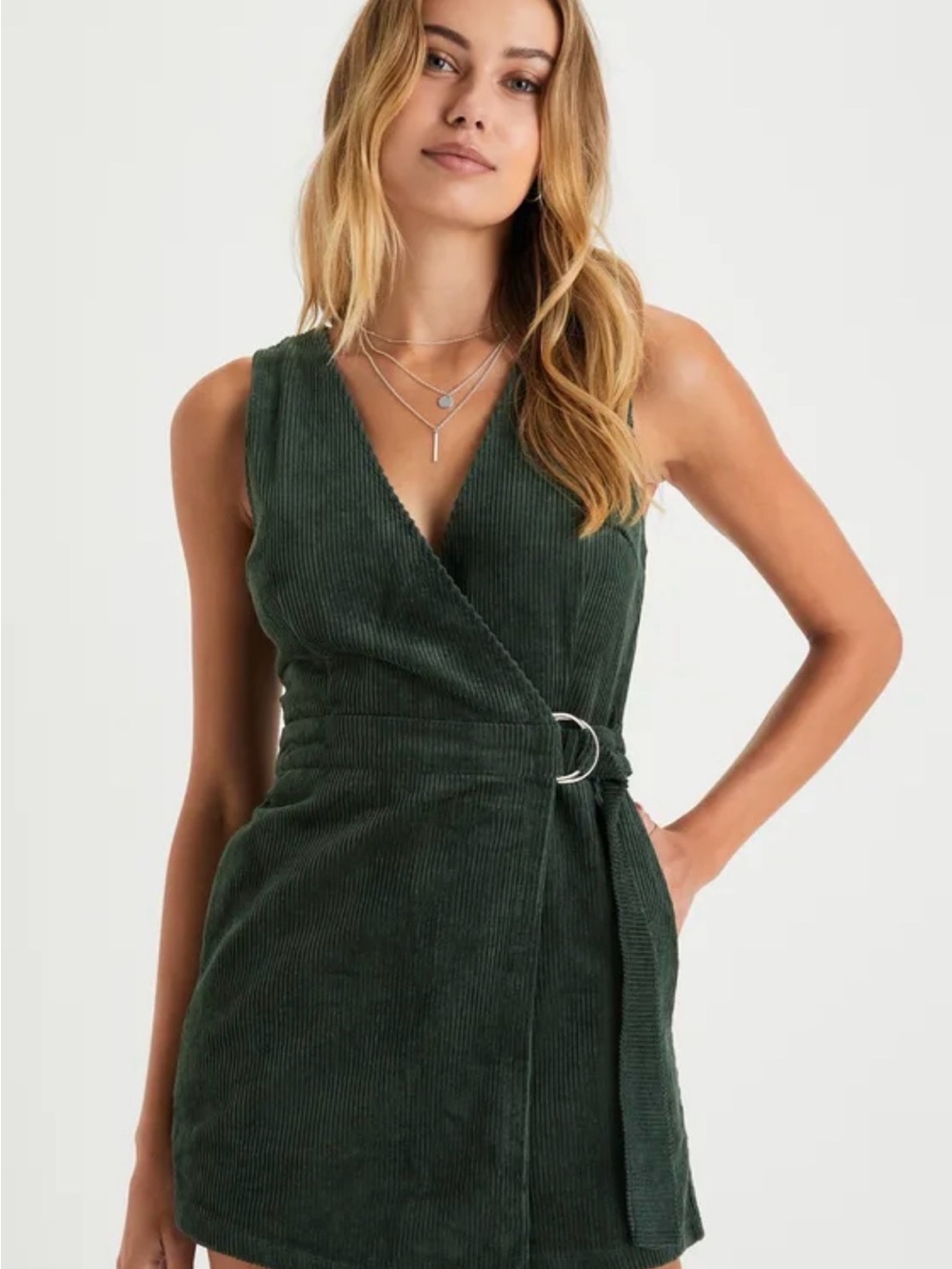 Sleeveless Dark Green Corduroy Faux Wrap Skort Romper